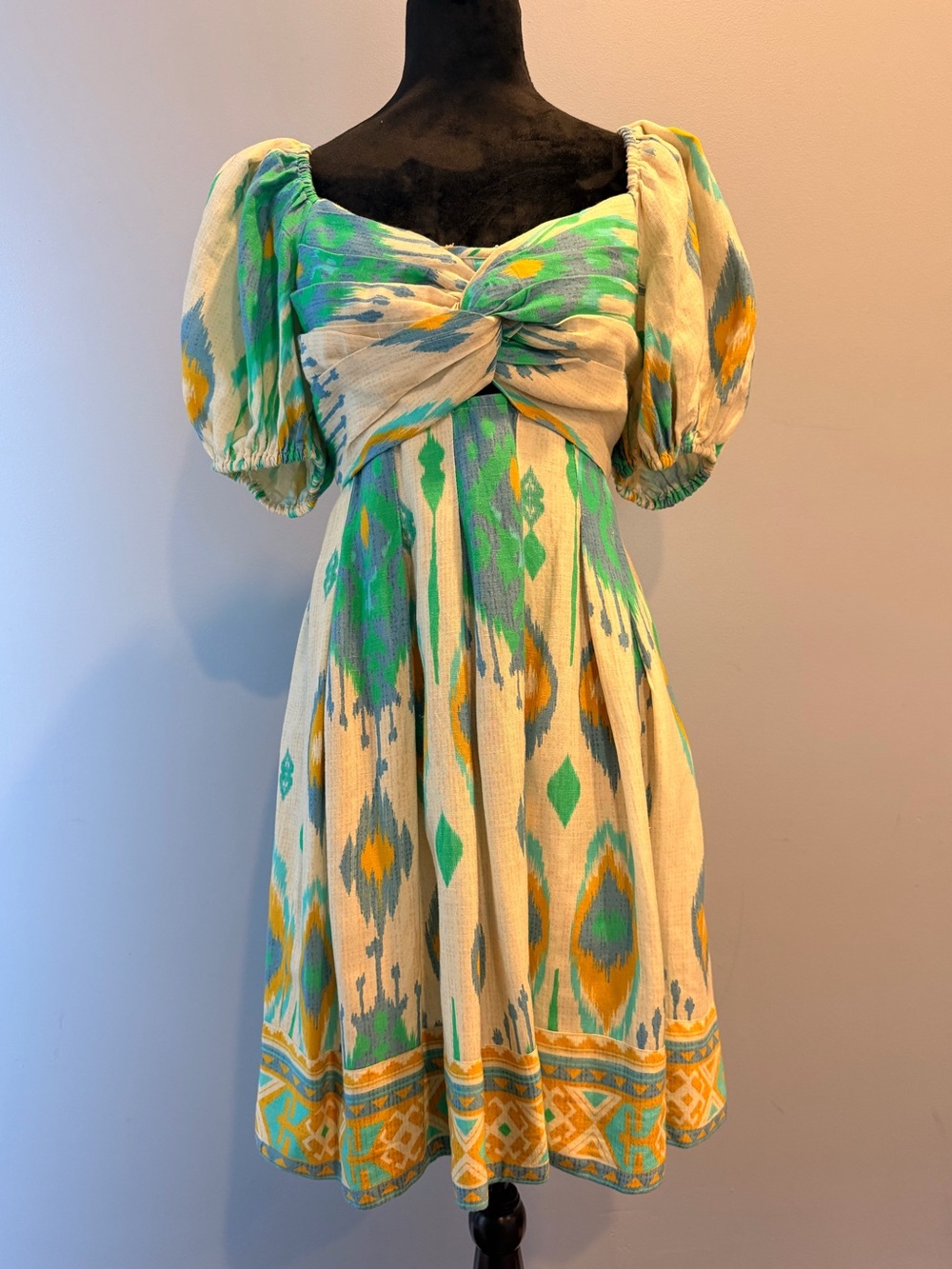 Ranna Gill Cream Dress with Teal & Yellow Ikat Print Linen Anthropologie